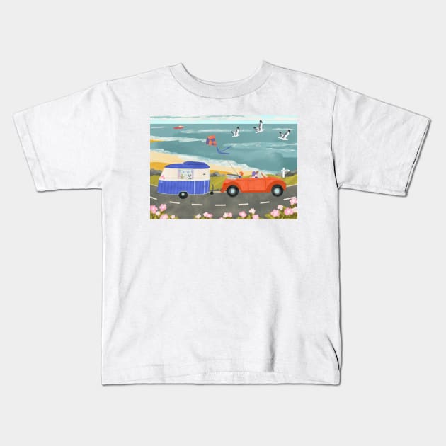 Family Road Trip in a Vintage Car and Caravan Kids T-Shirt by NattyDesigns